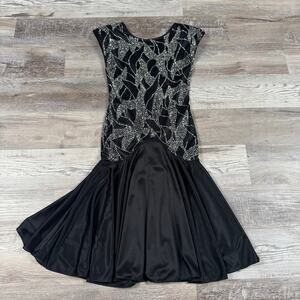 Vintage Jodi Lauren Black Rhinestone Fit Flare Dress 90s Evening Formal Medium